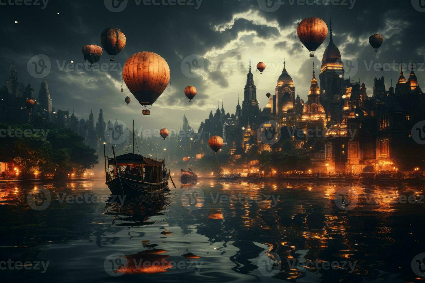 A cityscape at night with an unexpected element of a hot air balloon floating gracefully above the skyscrapers, symbolizing adventure and innovation. Generative Ai photo