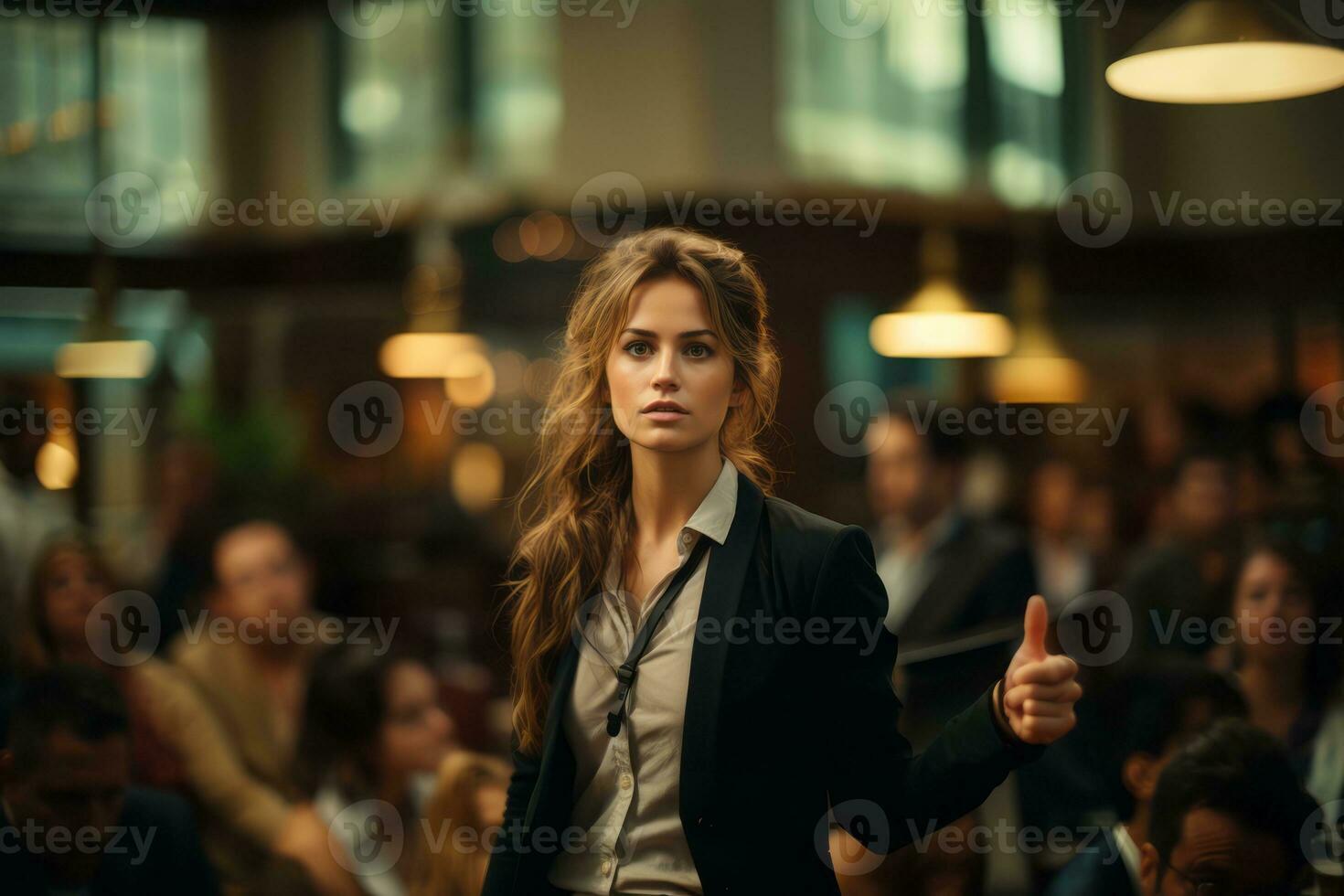 Businesswoman making a compelling presentation, using expressive hand gestures to emphasize key points. Generative Ai photo