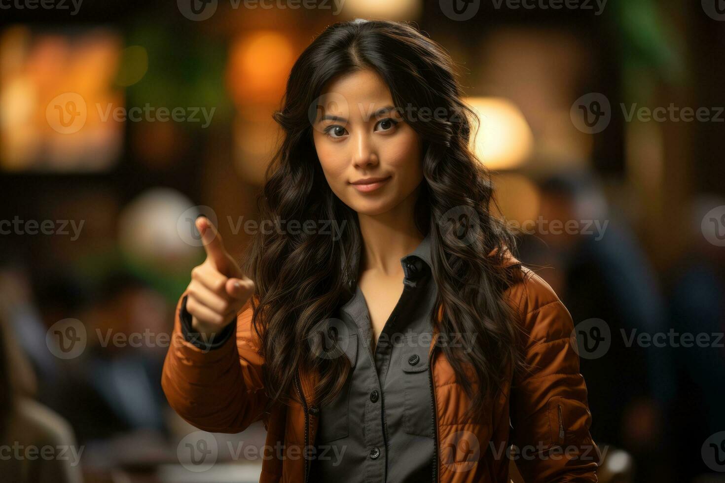 Businesswoman making a compelling presentation, using expressive hand gestures to emphasize key points. Generative Ai photo