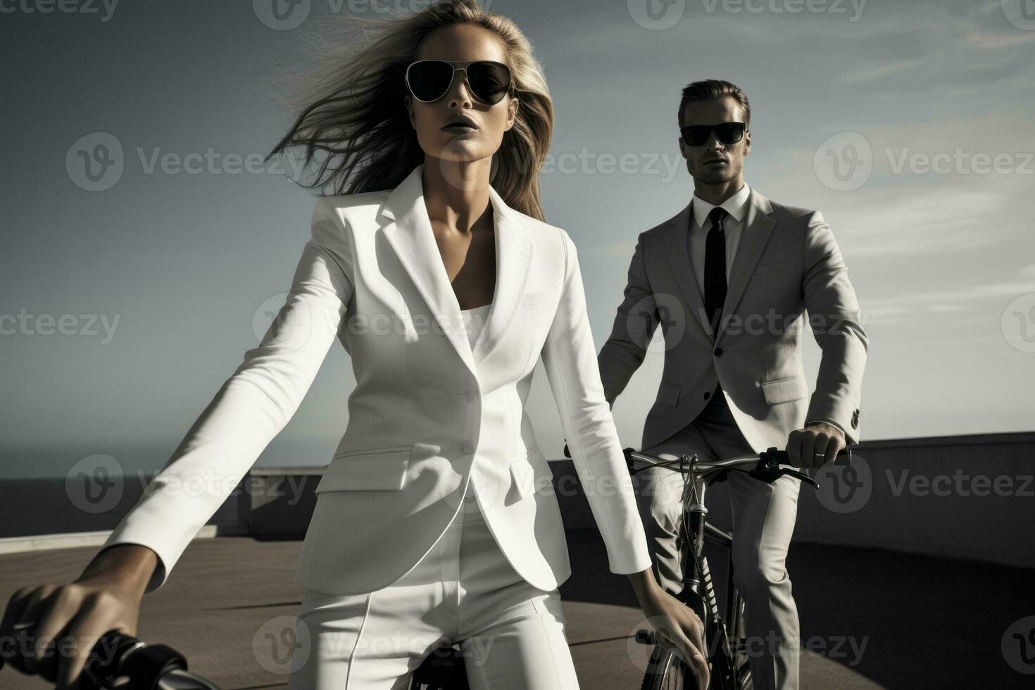 A fashion luxury couple engaged in outdoor activities like biking, encouraging a fit and active lifestyle. Generative Ai photo