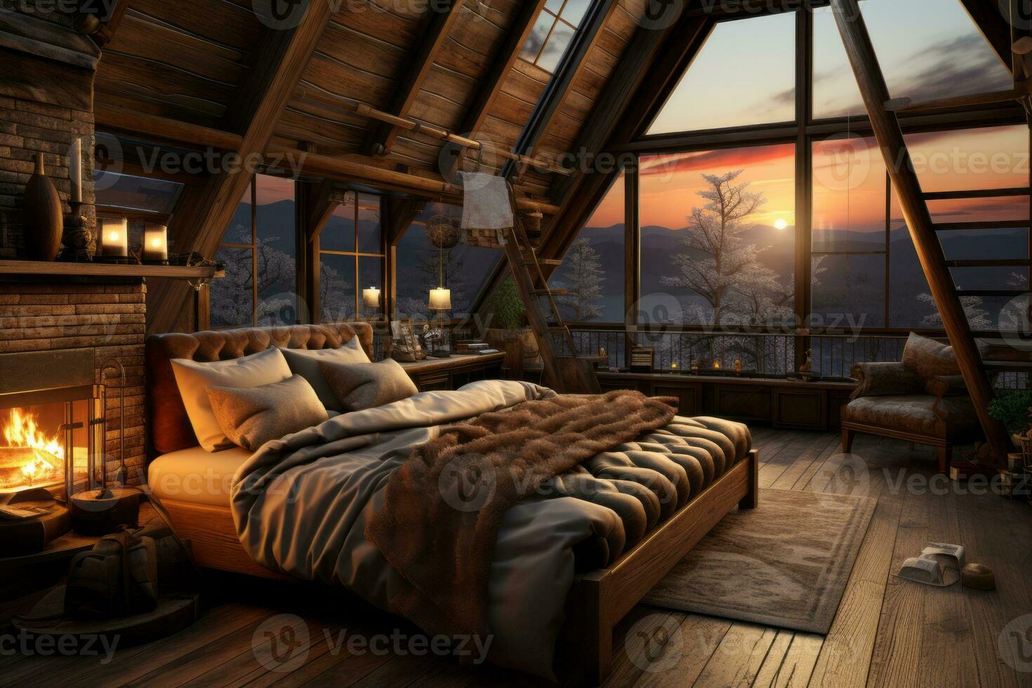 A cozy winter cabin bedroom with a fireplace, warm blankets, and snowy mountain views, evoking feelings of comfort and hygge during the colder months. Generative AI photo
