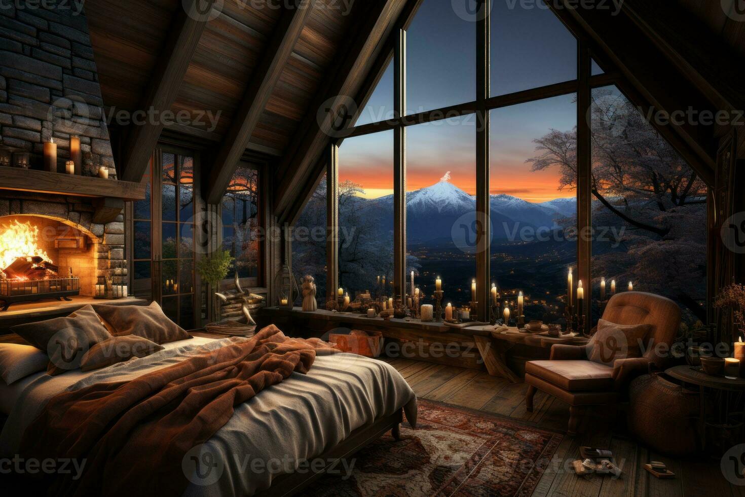 A cozy winter cabin bedroom with a fireplace, warm blankets, and snowy mountain views, evoking feelings of comfort and hygge during the colder months. Generative AI photo