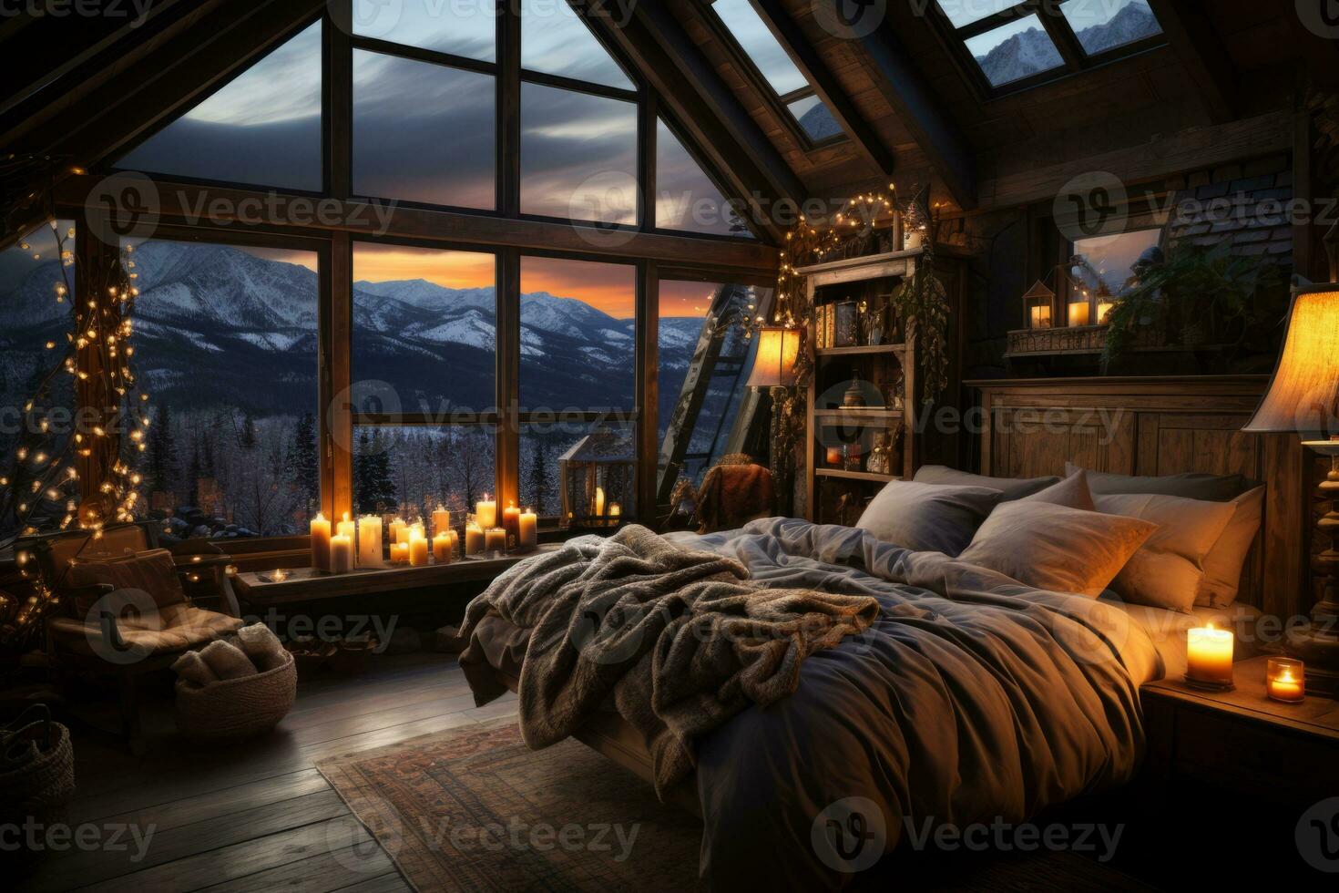 A cozy winter cabin bedroom with a fireplace, warm blankets, and snowy mountain views, evoking feelings of comfort and hygge during the colder months. Generative AI photo