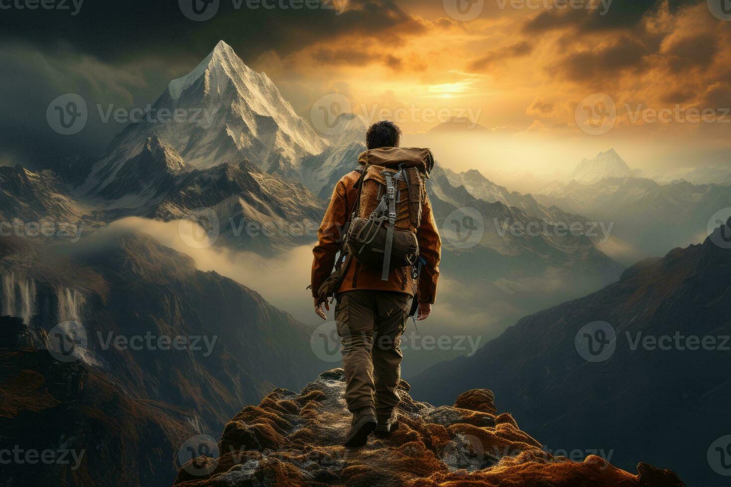 A determined hiker ascending a challenging mountain peak, symbolizing the journey to success. Generative Ai photo