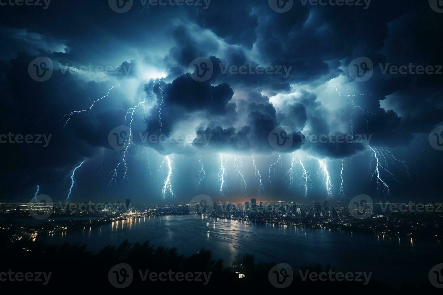 Dark storm clouds gathering over a city skyline, with flashes of lightning illuminating the sky. Generative AI photo