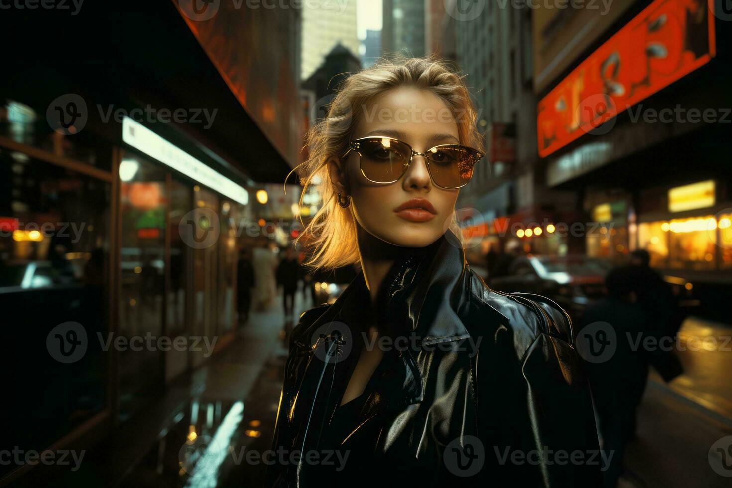 A femme fatale clad in a chic black trench coat and sunglasses