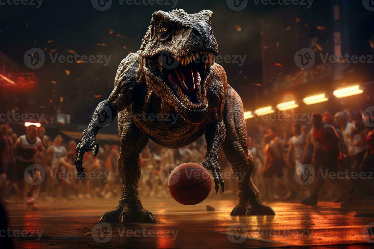 3d render of a fun-filled image of dinosaurs competing in basketball sport event. Generative Ai photo