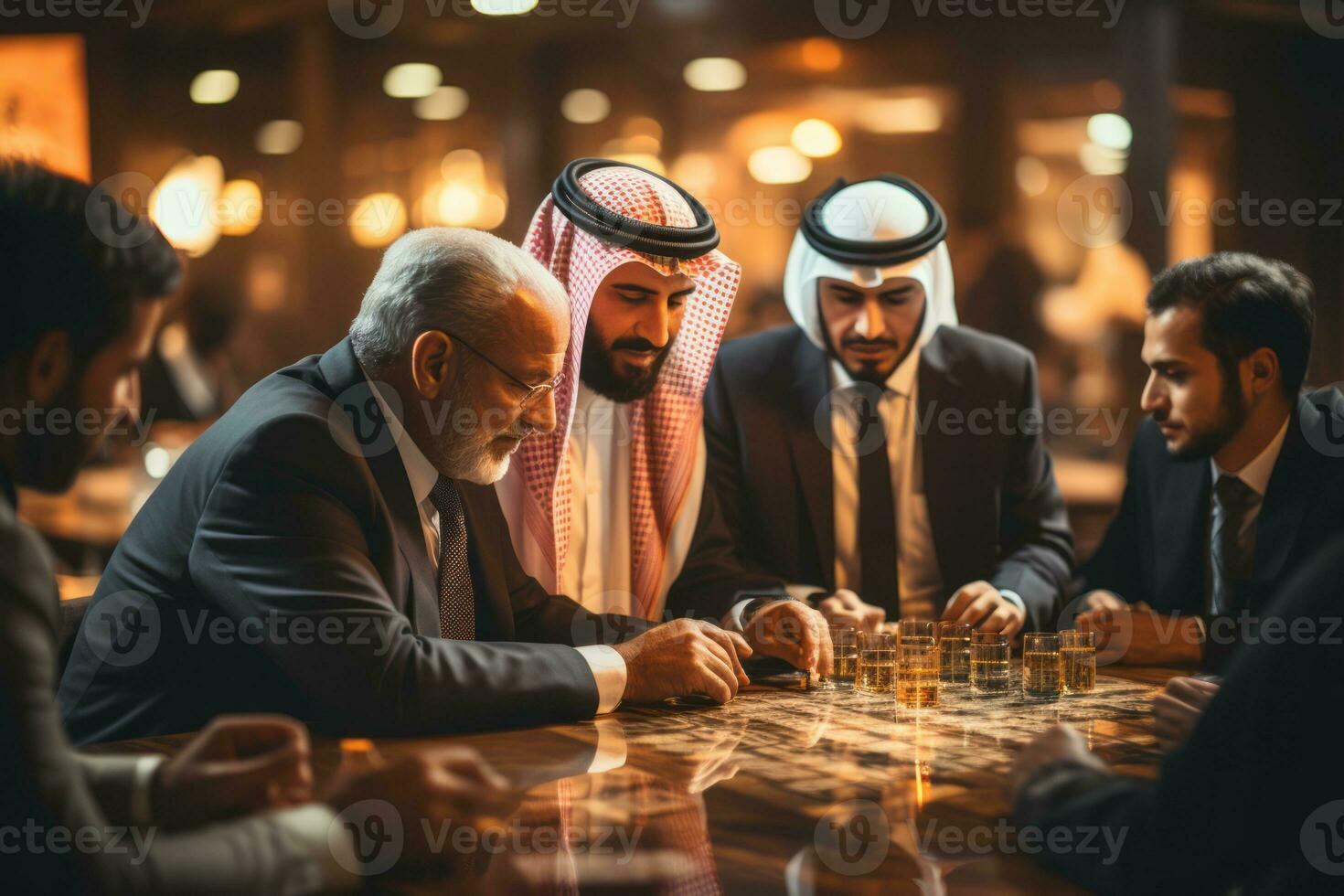 A group of Arab businessmen and businesswomen discussing financial charts and strategies, reflecting teamwork and analysis. Generative AI photo
