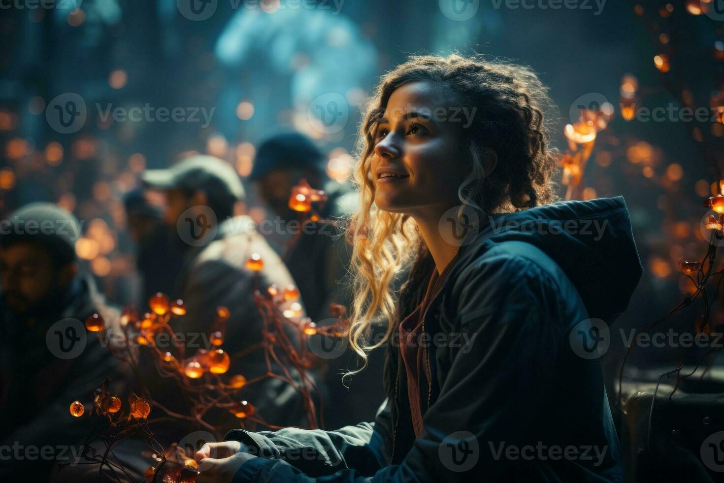A group of diverse people with a layer overlay of interconnected network lines, showcasing the concept of global communication and connectivity. Generative Ai photo