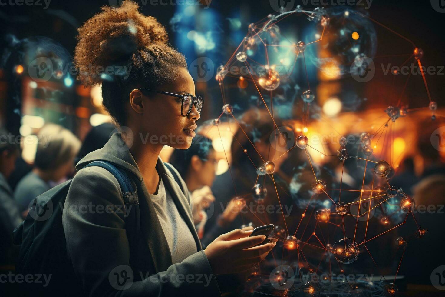 A group of diverse people with a layer overlay of interconnected network lines, showcasing the concept of global communication and connectivity. Generative Ai photo