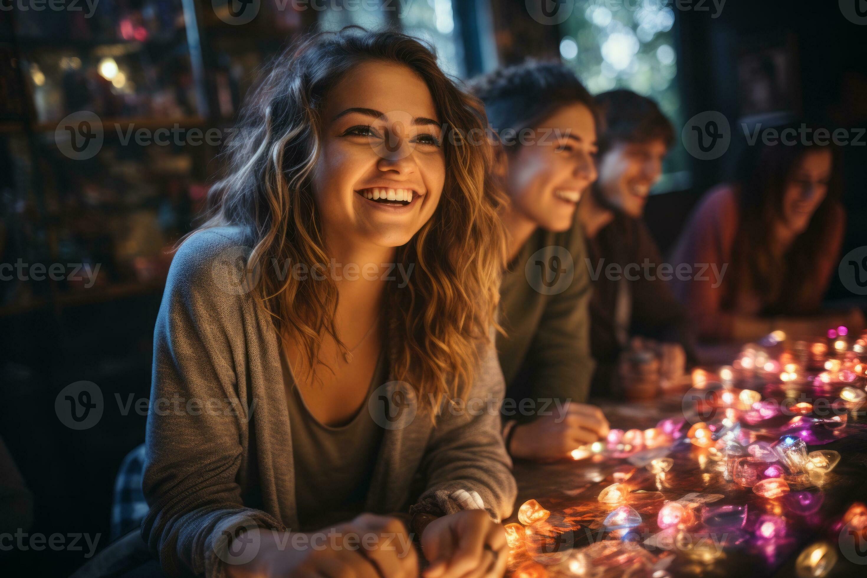 A group of friends engaged in lively conversations, using animated