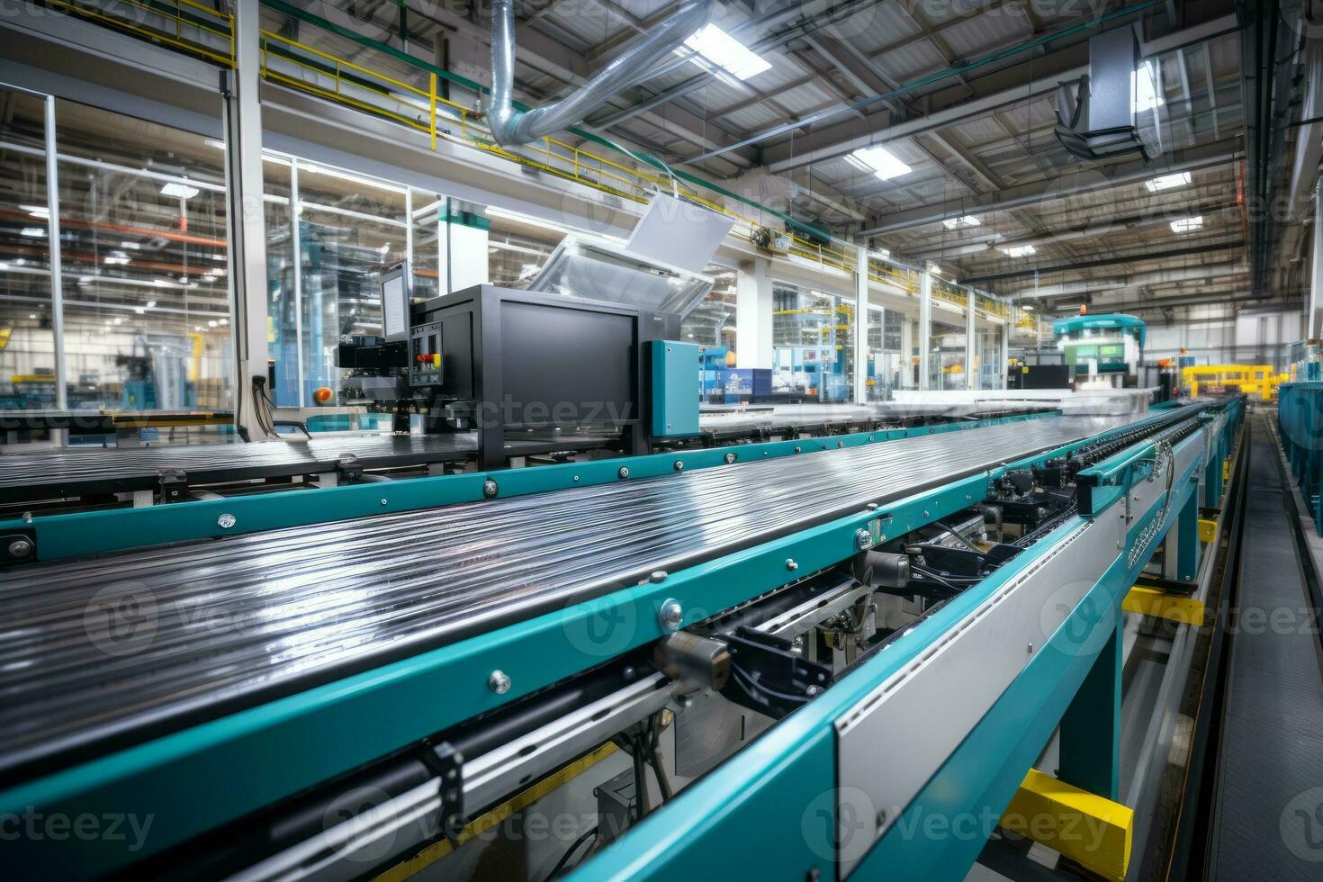 A high-speed conveyor belt showcasing the seamless production process in a modern manufacturing plant. Generative Ai photo