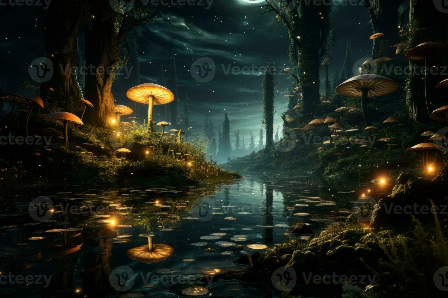 Illustration of a lush forest landscape with a layer overlay of glowing fireflies, capturing the beauty of nature at night. Generative Ai photo