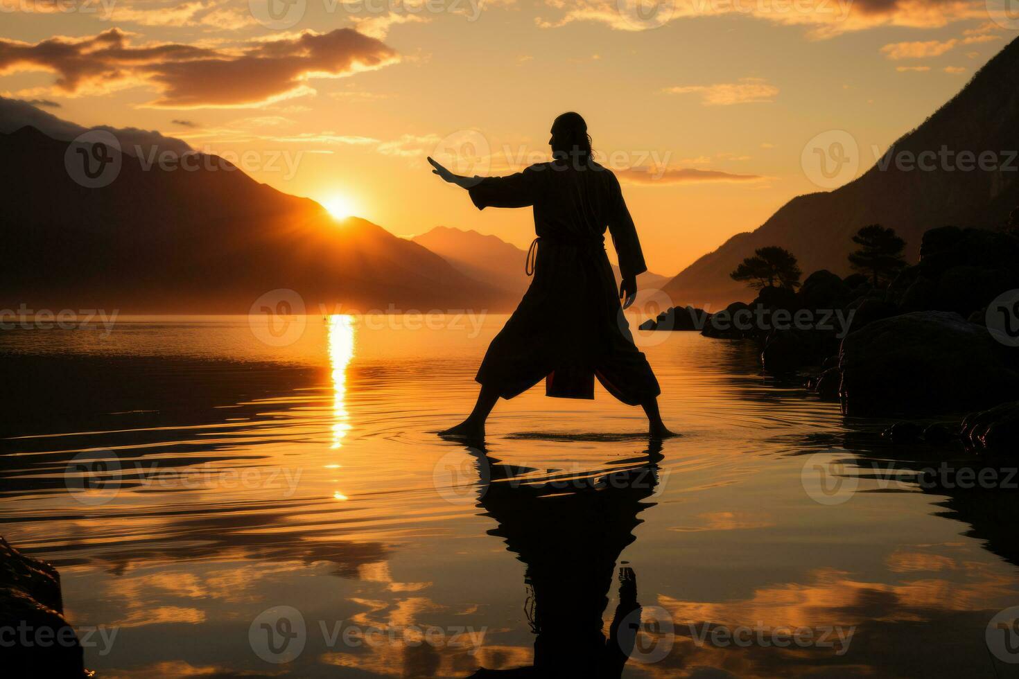 A person practicing tai chi at sunrise. The person's movements will be slow and deliberate, and they will be bathed in the warm glow of the sunrise. Generative AI photo