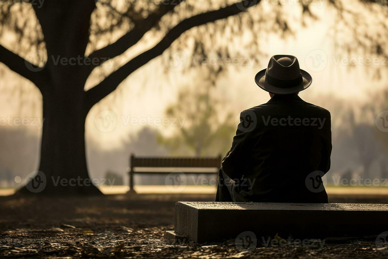 A poignant capture of a person sitting alone on a bench in a peaceful cemetery, deep in thought and reflection. Generative AI photo