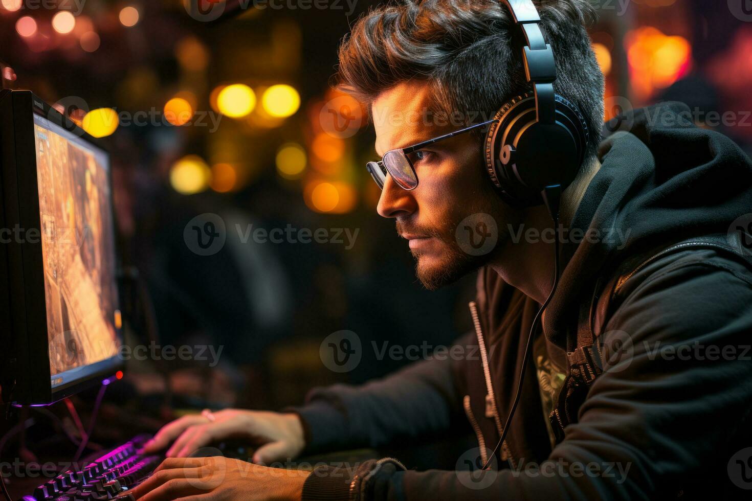 A professional gamer in action, fully immersed in gameplay, with intense focus and determination. Generative AI photo