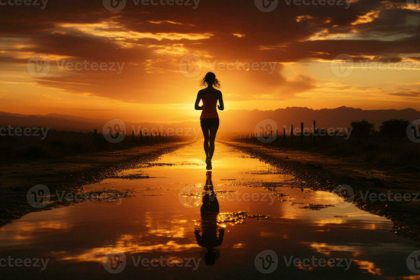 A silhouette of a jogger running at sunrise, illustrating the dedication and discipline of early morning workouts. Generative Ai photo
