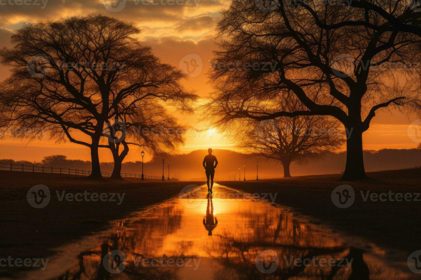 A silhouette of a jogger running at sunrise, illustrating the dedication and discipline of early morning workouts. Generative Ai photo