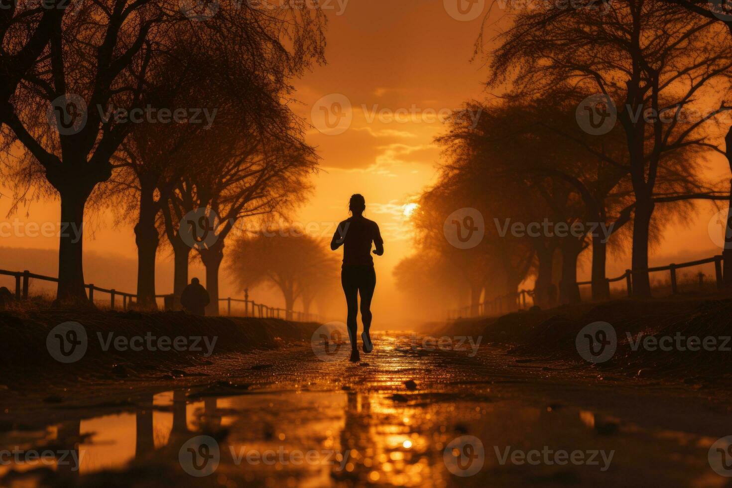 A silhouette of a jogger running at sunrise, illustrating the dedication and discipline of early morning workouts. Generative Ai photo