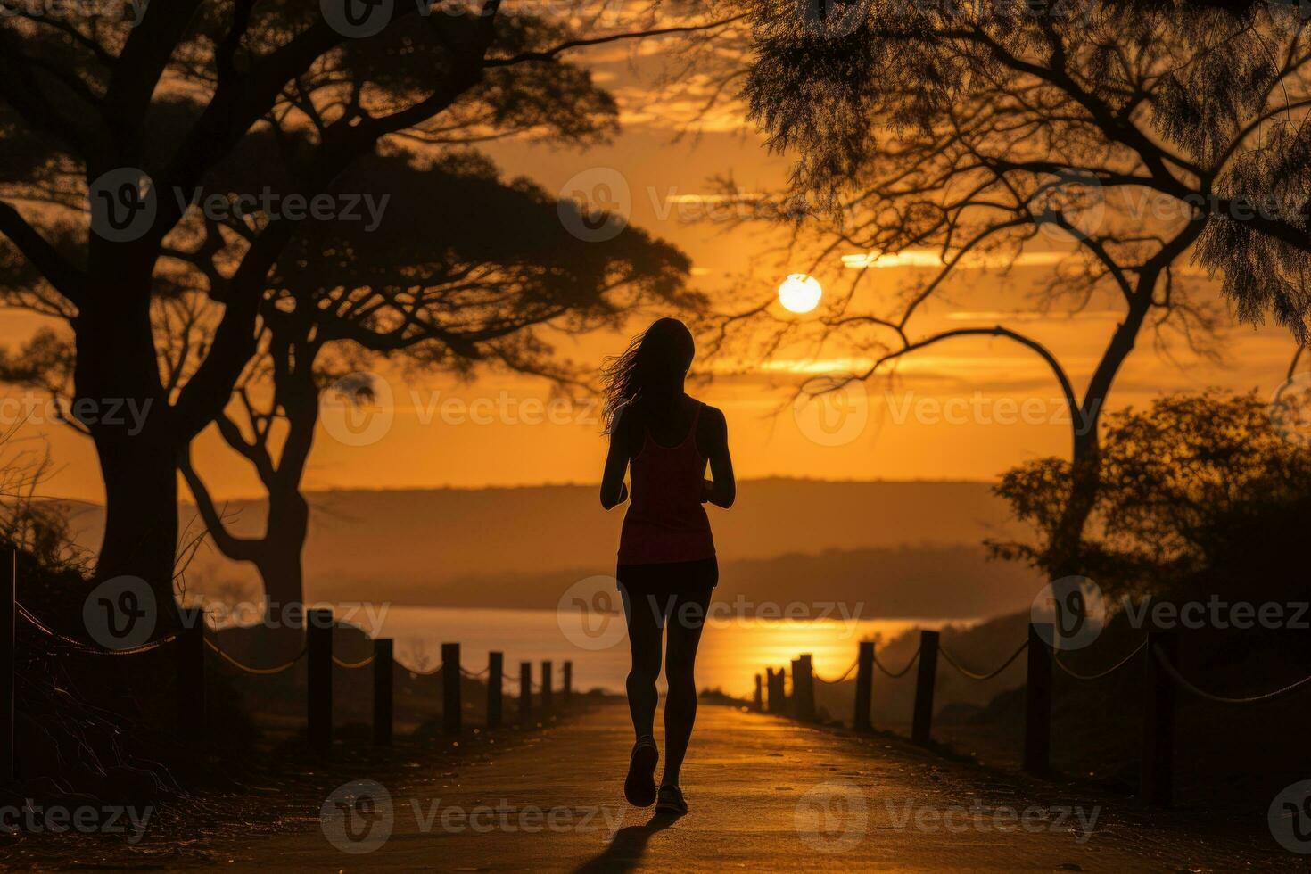 A silhouette of a jogger running at sunrise, illustrating the dedication and discipline of early morning workouts. Generative Ai photo