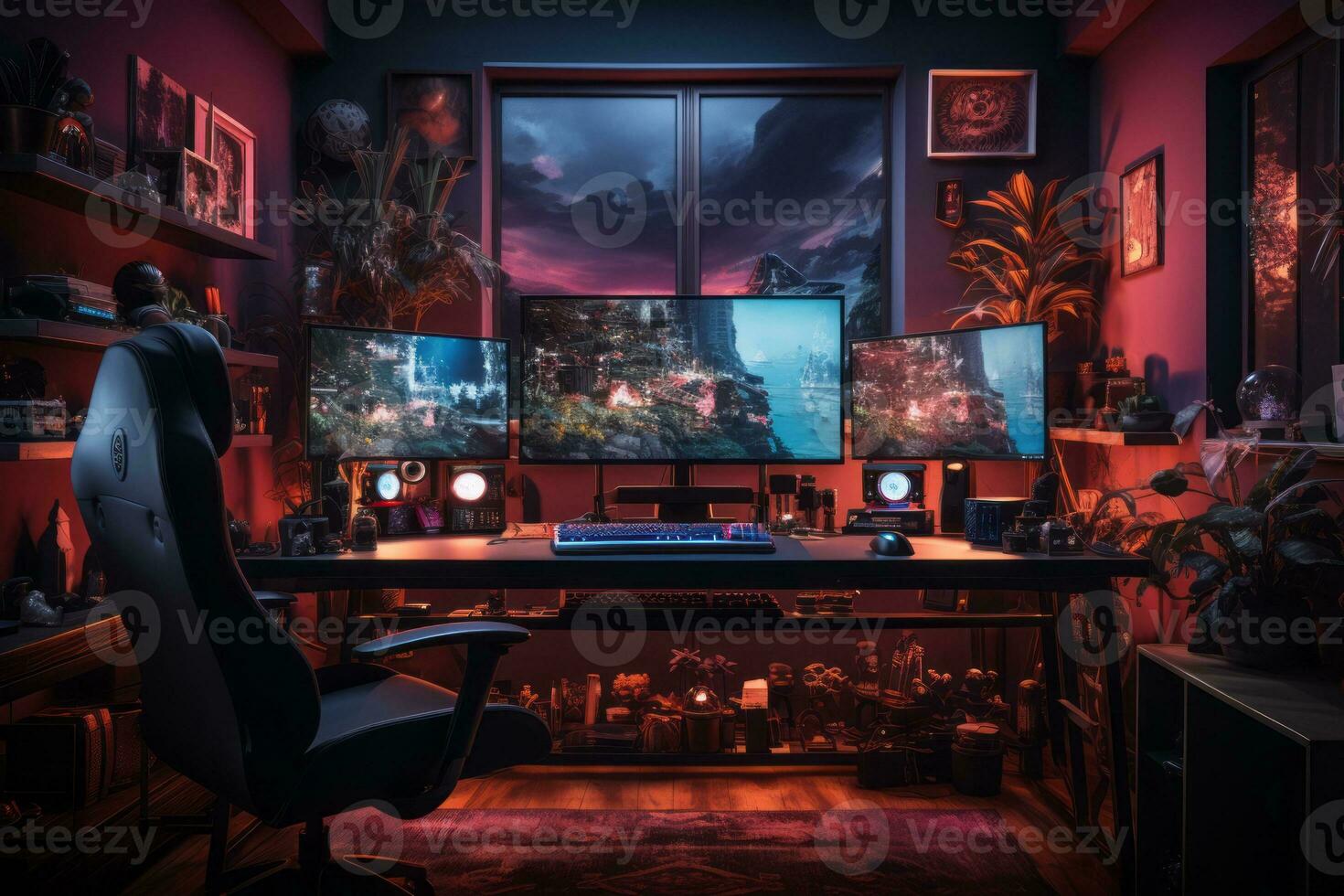 A sleek and modern gaming setup with a high-end PC, ultra-wide monitor, RGB lighting, and premium gaming peripherals. Generative Ai photo