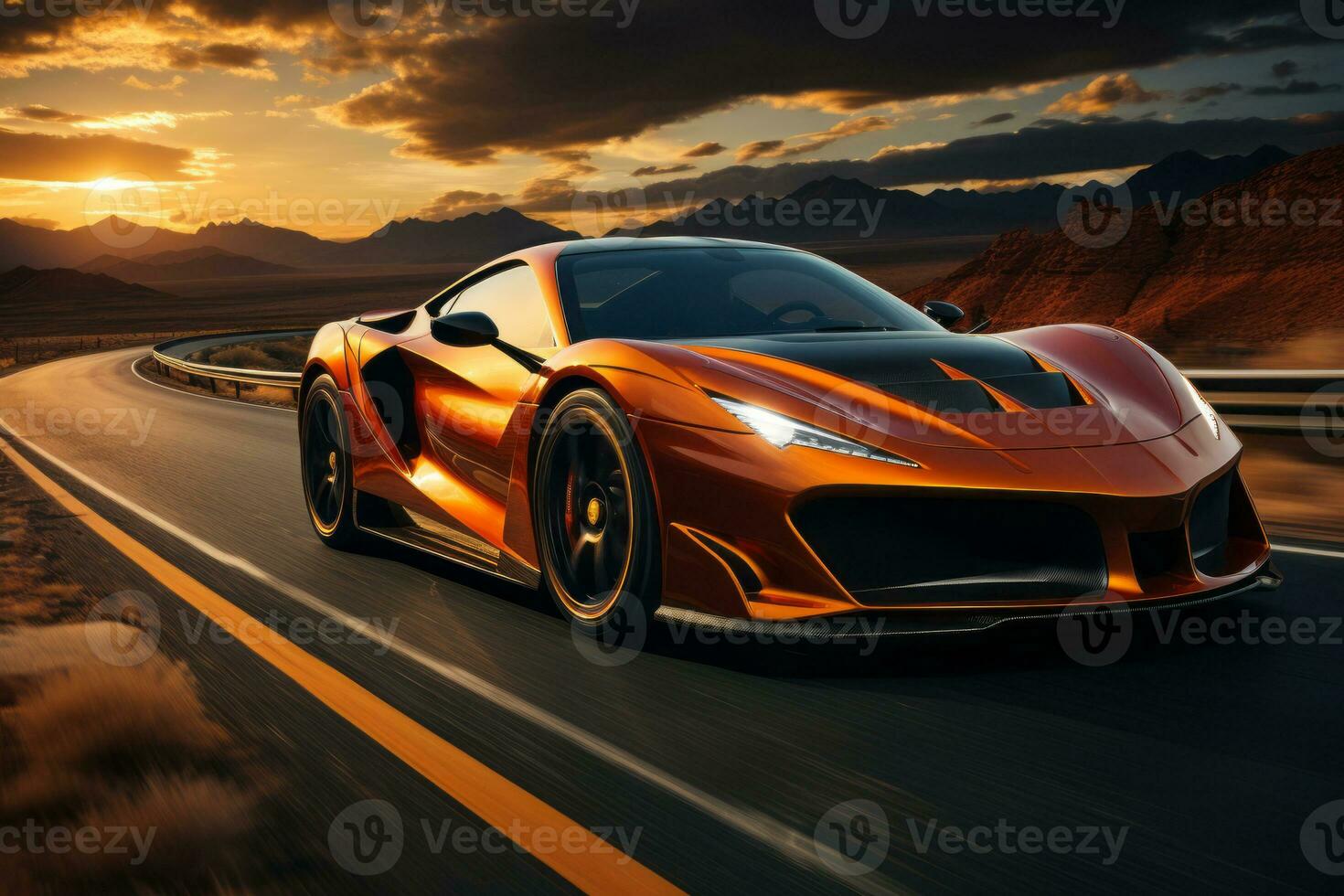 A futuristic sleek sports car racing down an empty highway at sunset, showcasing the thrill of high-speed driving. Generative AI photo