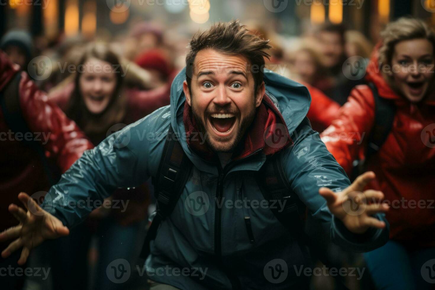A striking image of a crowd of excited shoppers rushing into a store, showcasing the frenzy and excitement of Black Friday shopping. Generative Ai photo