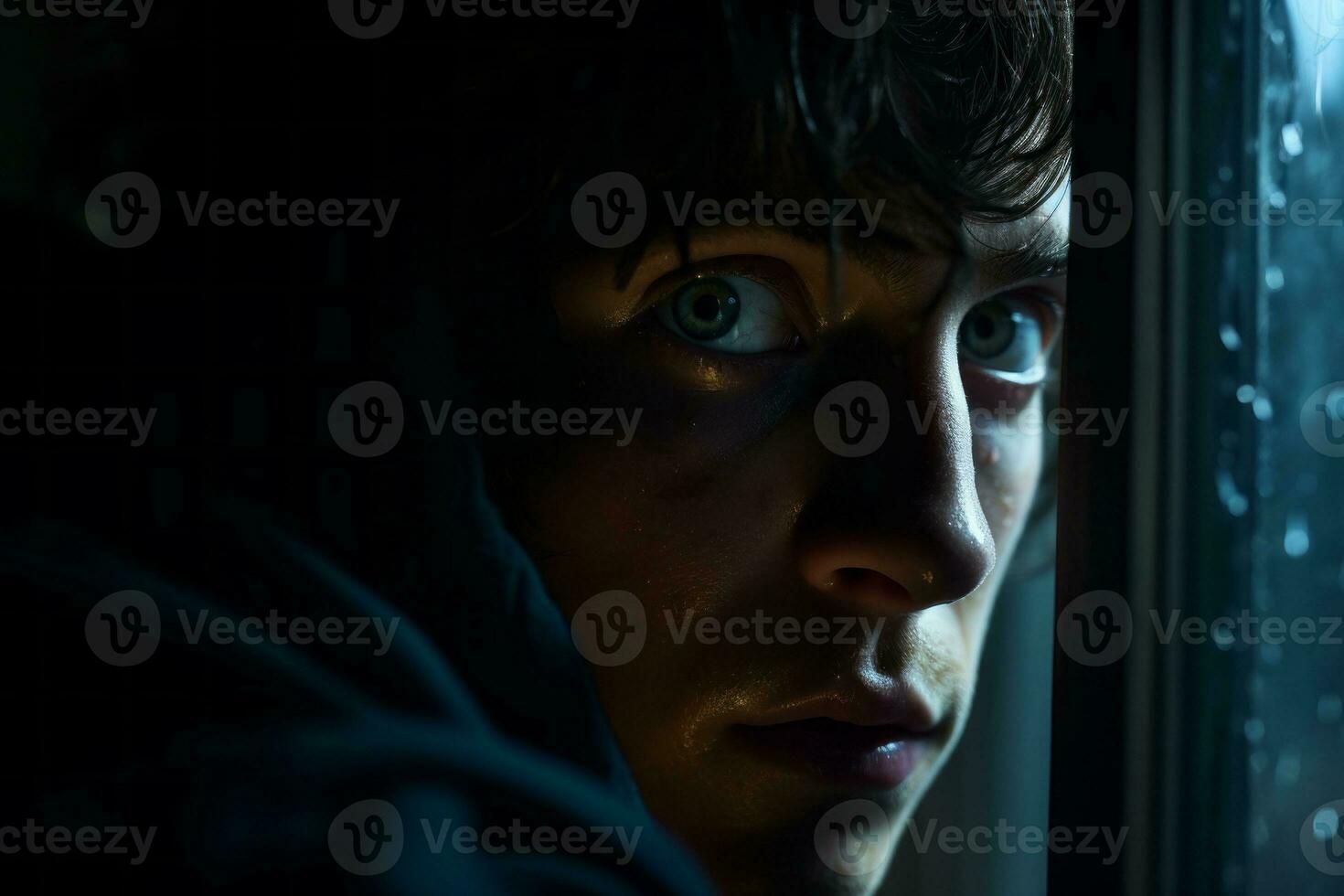 A suspenseful scene with a person looking out of a window, fearing that danger is lurking in the darkness. Generative Ai photo