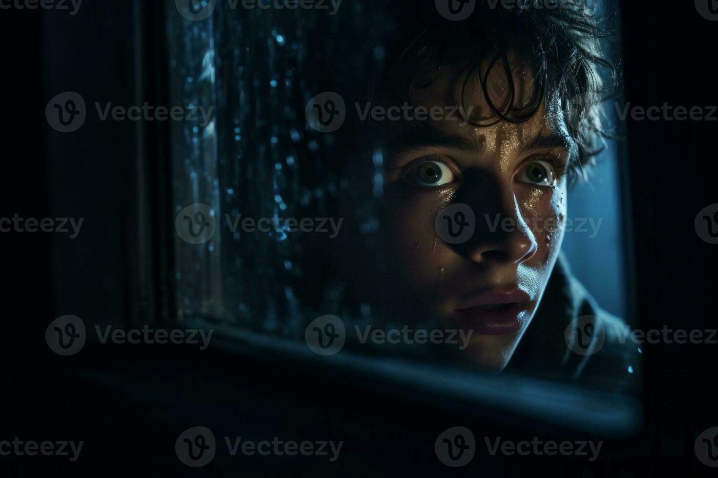 A suspenseful scene with a person looking out of a window, fearing that danger is lurking in the darkness. Generative Ai photo