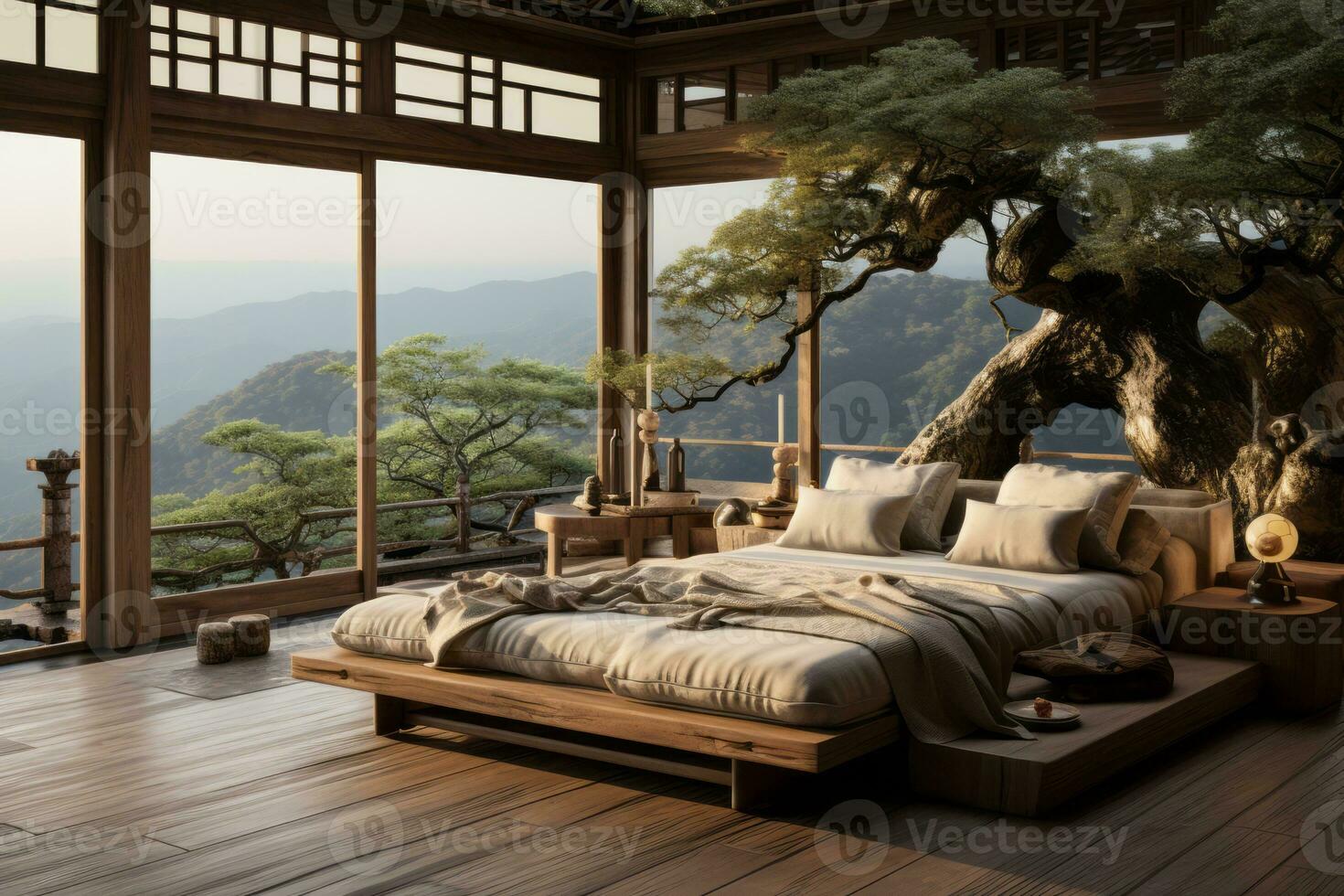 A tranquil Zen-inspired bedroom with a minimalist design, Zen