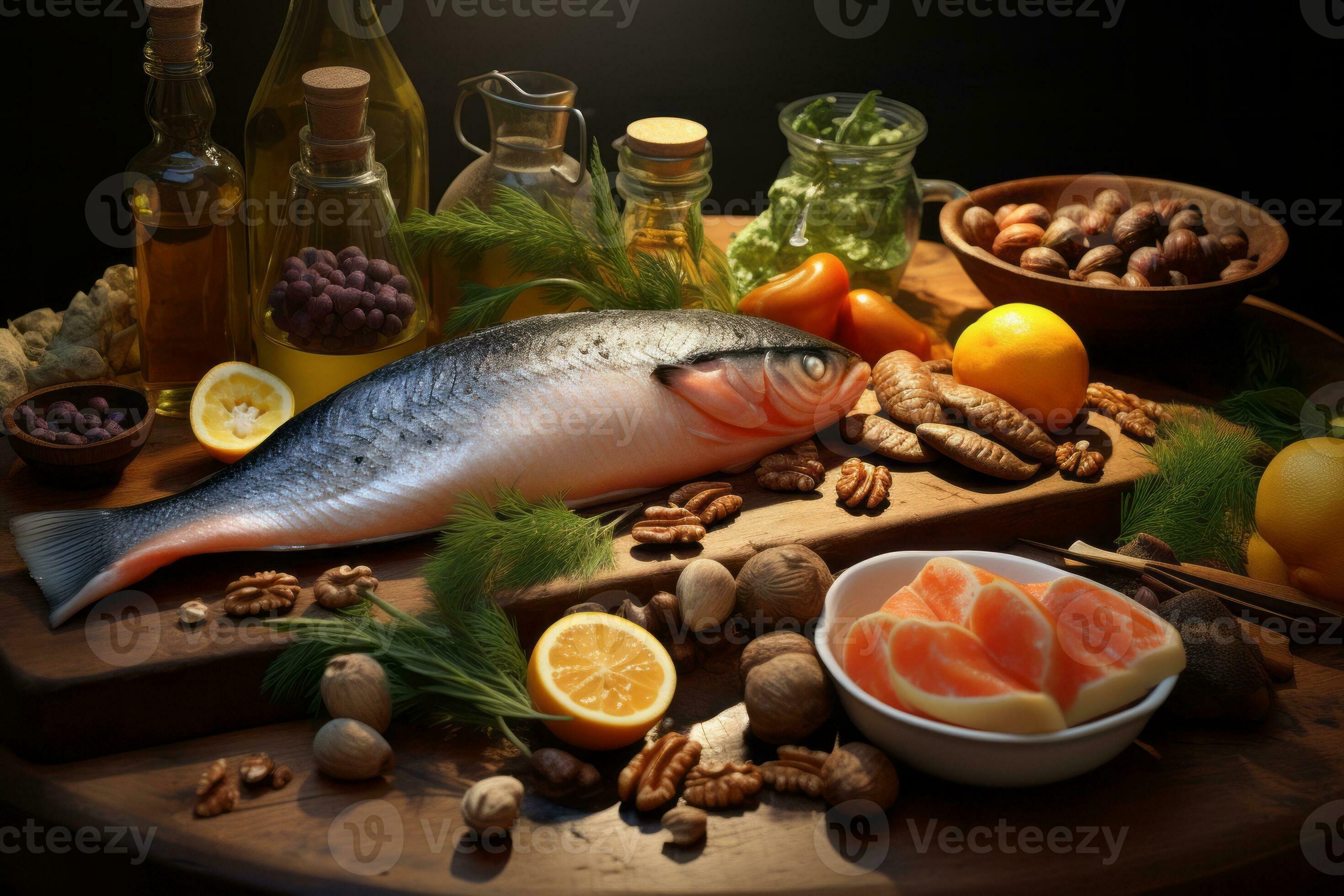 Various foods rich in Omega 3, such as fatty fish, flaxseeds, and