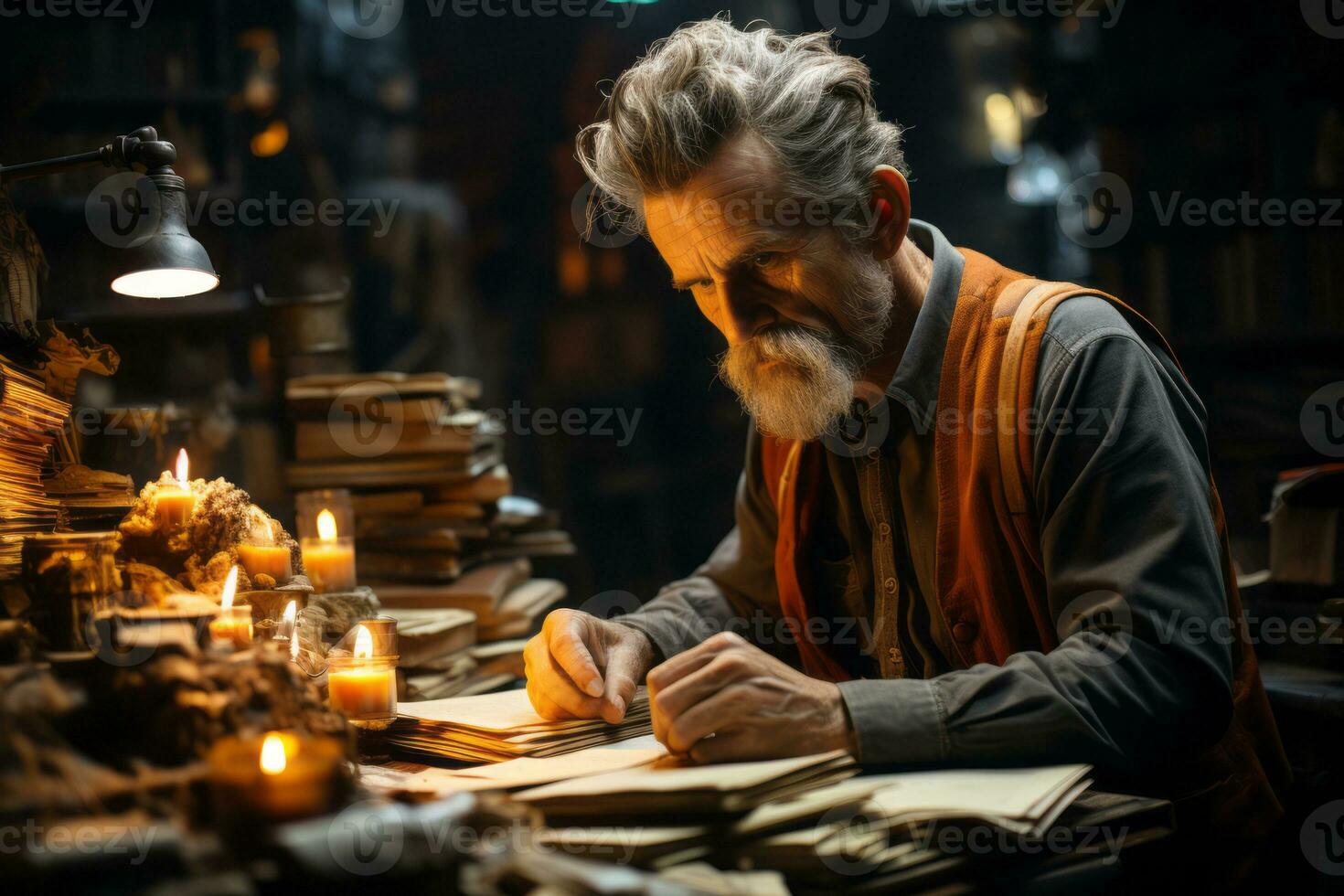 A writer sitting at a desk, surrounded by books and papers, deep in thought as they compose their next masterpiece, illustrating the freedom of expression through written words. Generative AI photo