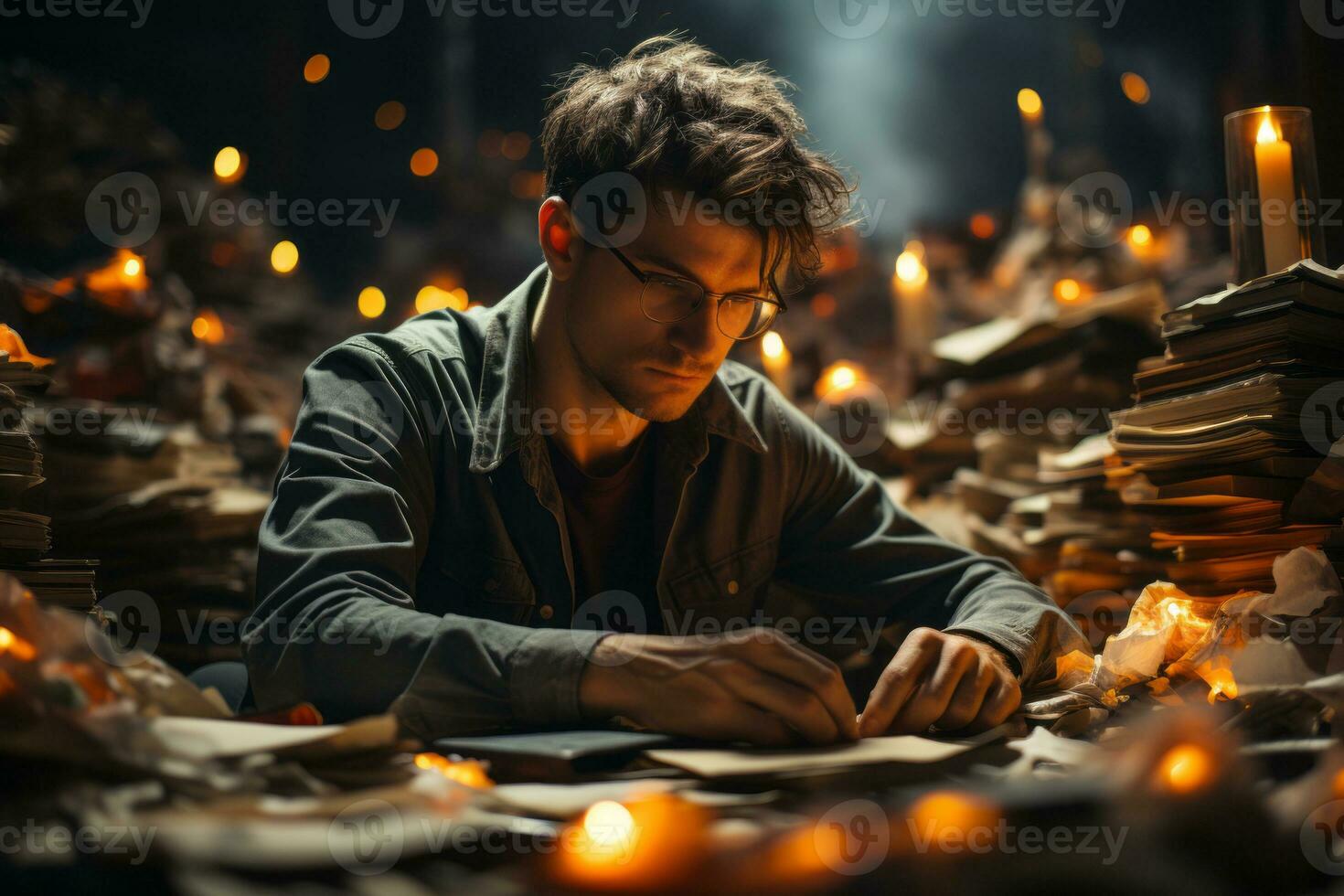 A writer sitting at a desk, surrounded by books and papers, deep in thought as they compose their next masterpiece, illustrating the freedom of expression through written words. Generative AI photo