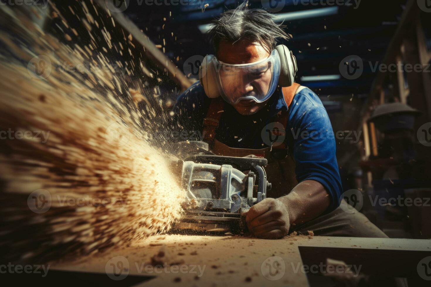 Carpenter in the midst of cutting wood with sawdust flying, capturing the essence of their creative process. Generative AI photo