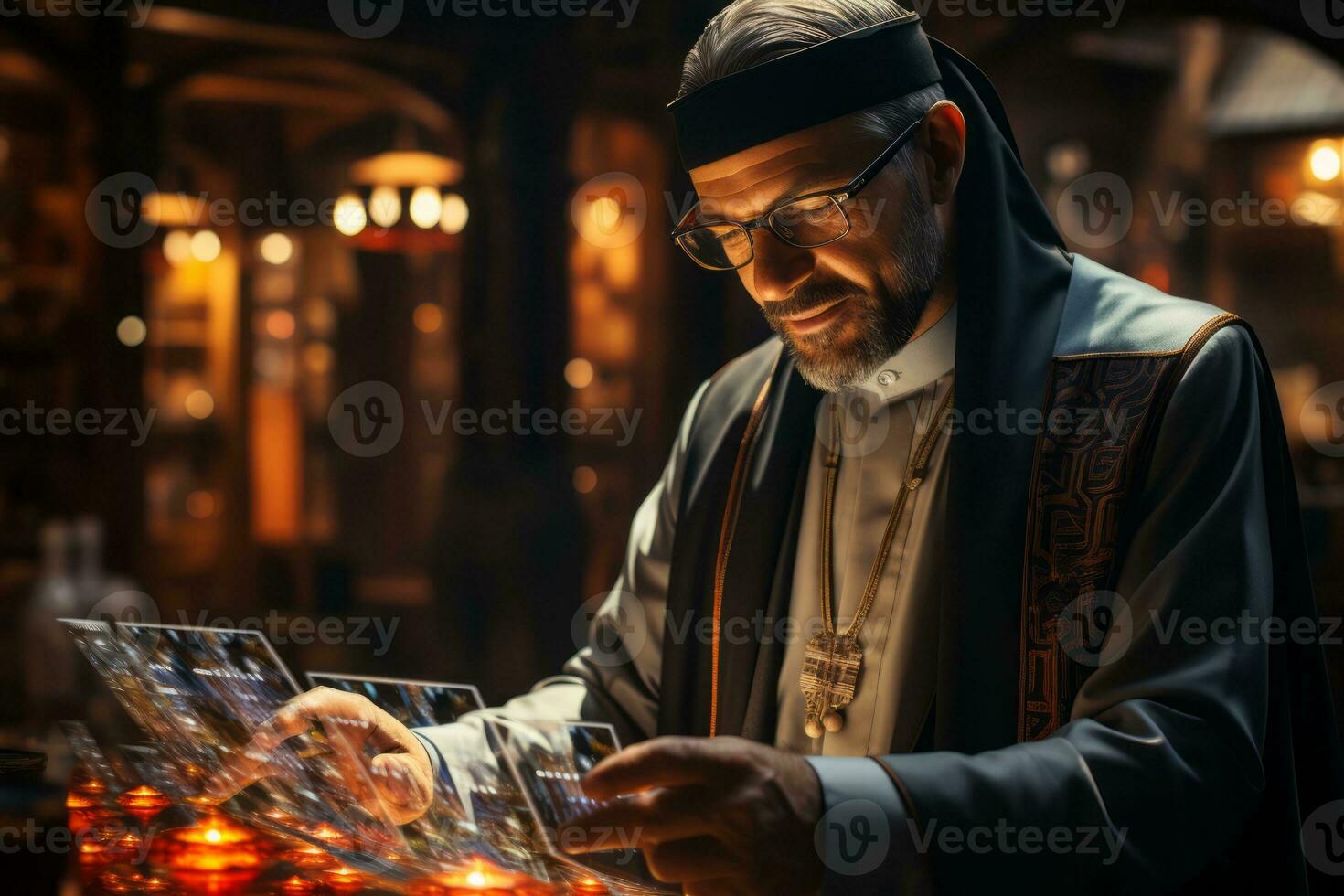 Arab businessman using a futuristic holographic interface, representing innovation and technology in the business world. photo