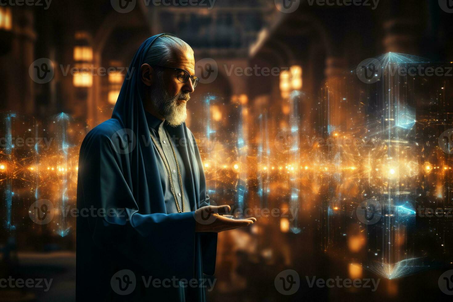 Arab businessman using a futuristic holographic interface, representing innovation and technology in the business world. photo