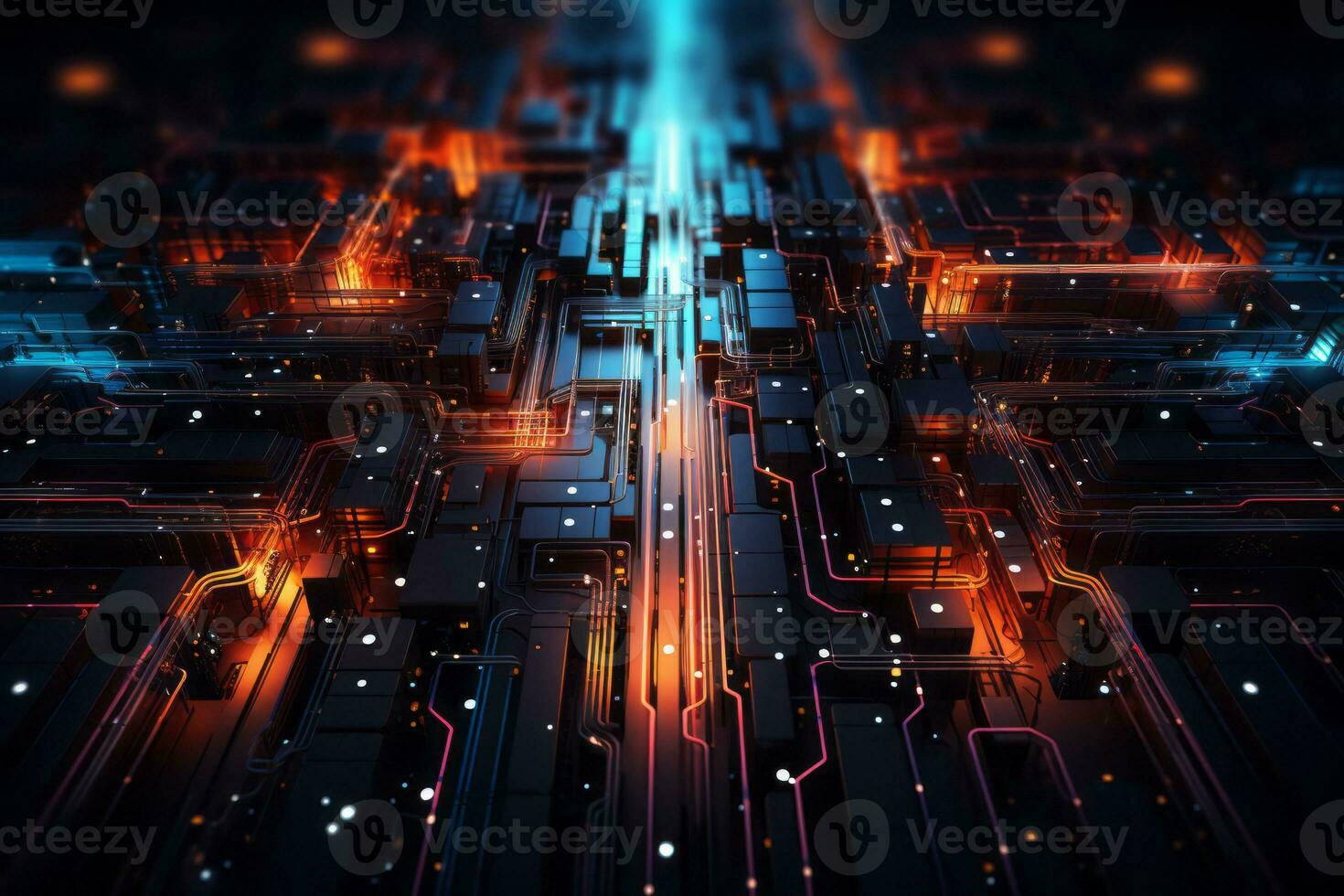 Abstract circuit board-inspired background with neon traces and electronic components, symbolizing connectivity and digital advancement. Generative AI photo