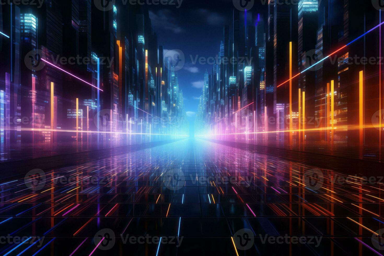 An abstract futuristic background with vibrant neon-colored lines and grids, resembling a digital matrix, perfect for tech-related designs and sci-fi concepts. Generative Ai photo