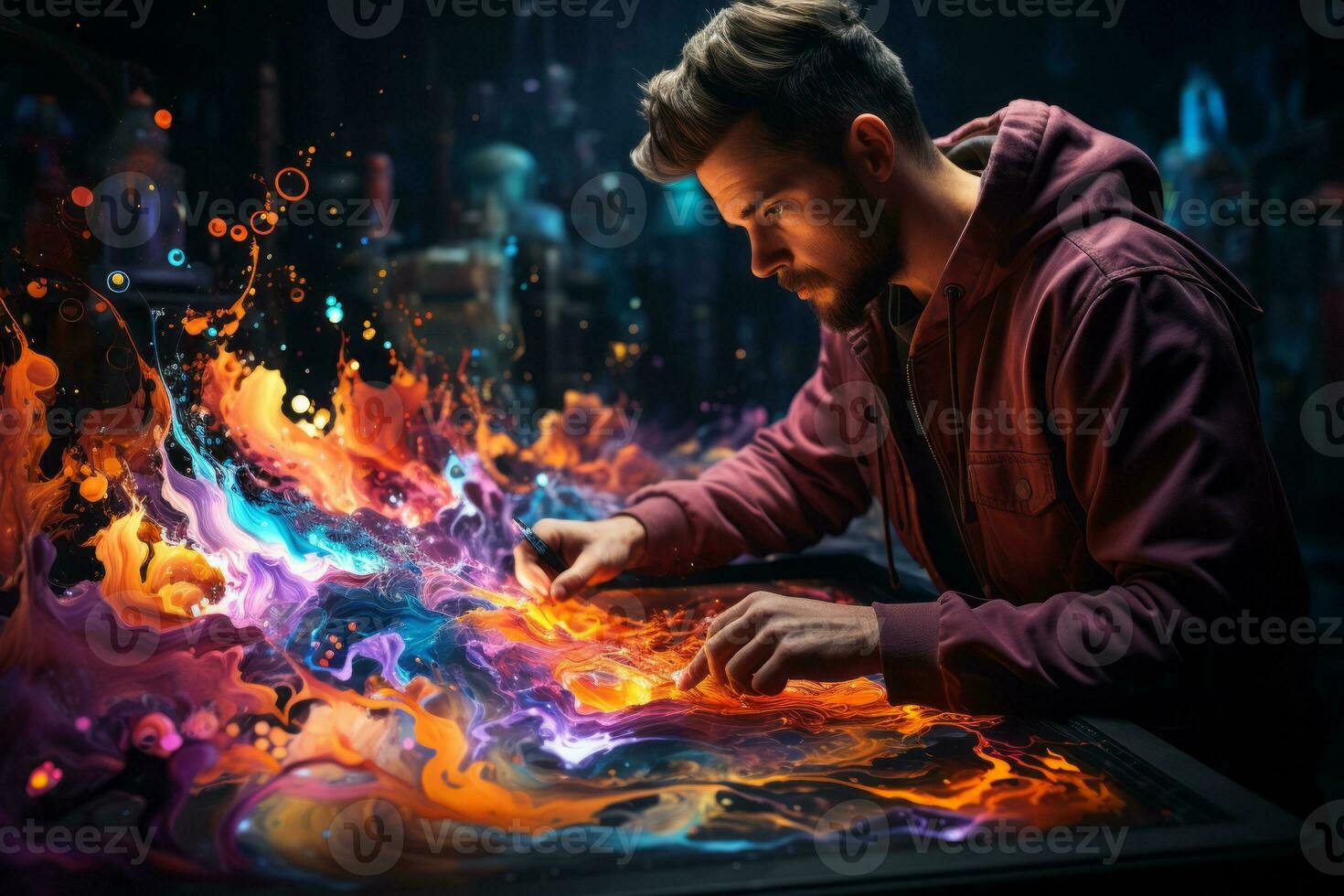 An artist expressing creativity through expressive hand movements while painting a vibrant masterpiece. Generative Ai photo