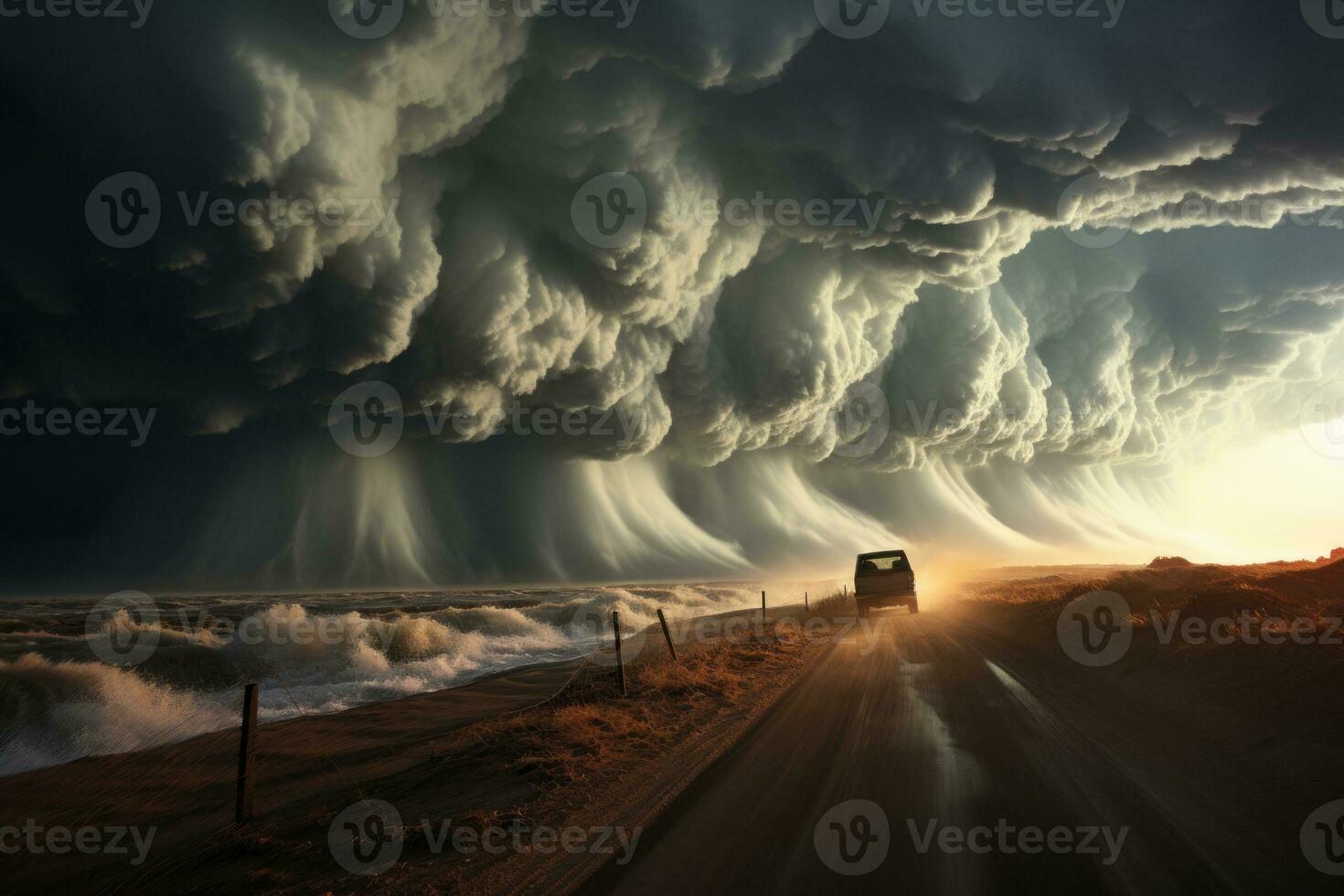 An action-packed shot of storm chasers pursuing extreme weather conditions, capturing the thrill and dedication of those seeking to understand nature's fury. Generative Ai photo