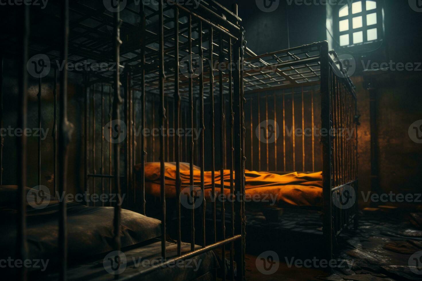 Prison cell, with a focused view on the iron bars, depicting the feeling of confinement and isolation. Generative AI photo