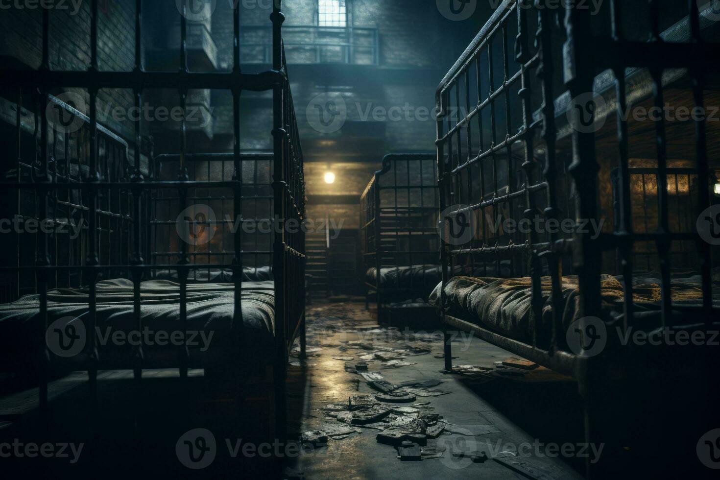 Prison cell, with a focused view on the iron bars, depicting the feeling of confinement and isolation. Generative AI photo