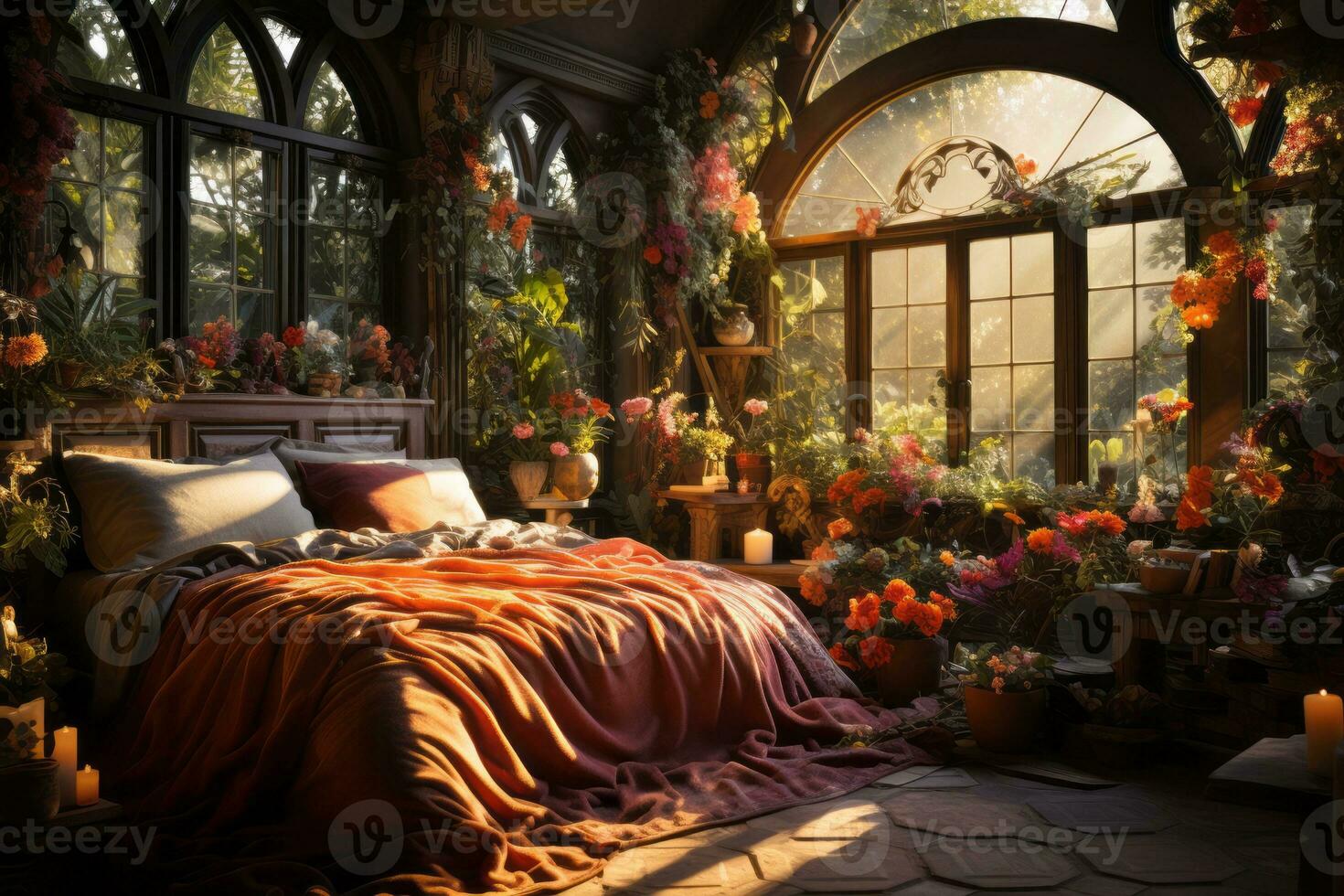 An eclectic and vibrant bohemian bedroom with rich patterns, bold colors, and lush greenery, evoking a sense of wanderlust and free-spiritedness. Generative AI photo