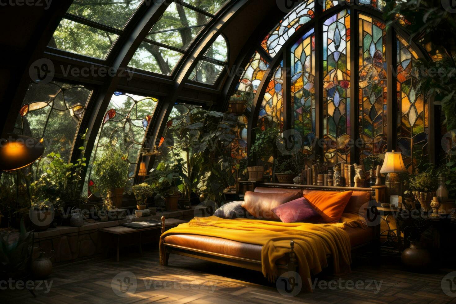 An eclectic and vibrant bohemian bedroom with rich patterns, bold colors, and lush greenery, evoking a sense of wanderlust and free-spiritedness. Generative AI photo