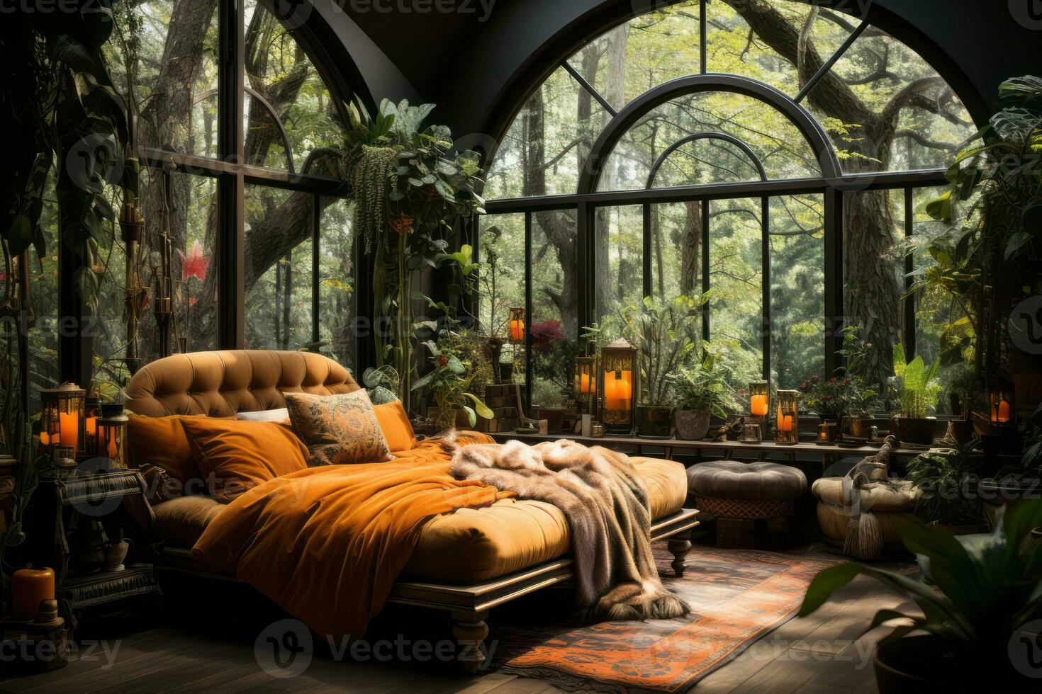 An eclectic and vibrant bohemian bedroom with rich patterns, bold colors, and lush greenery, evoking a sense of wanderlust and free-spiritedness. Generative AI photo