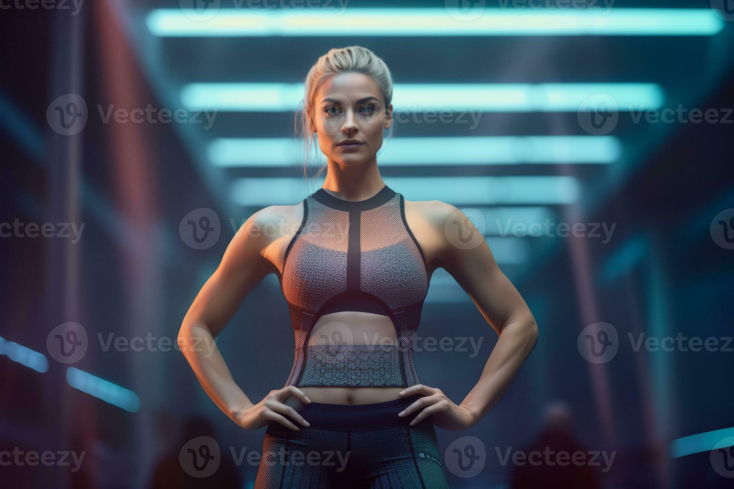 A female caucasian bodybuilder wearing trendy and functional fitness