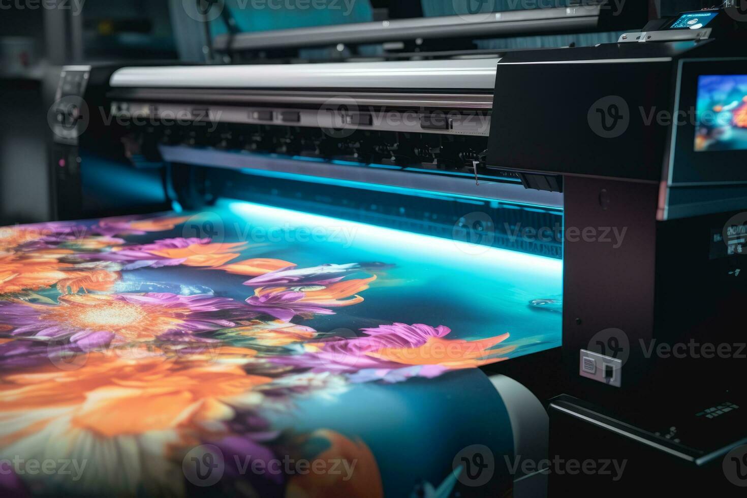 Large inkjet printer printing on a variety of materials, such as vinyl, fabric, and canvas, showcasing the versatility of these printers. Generative Ai photo