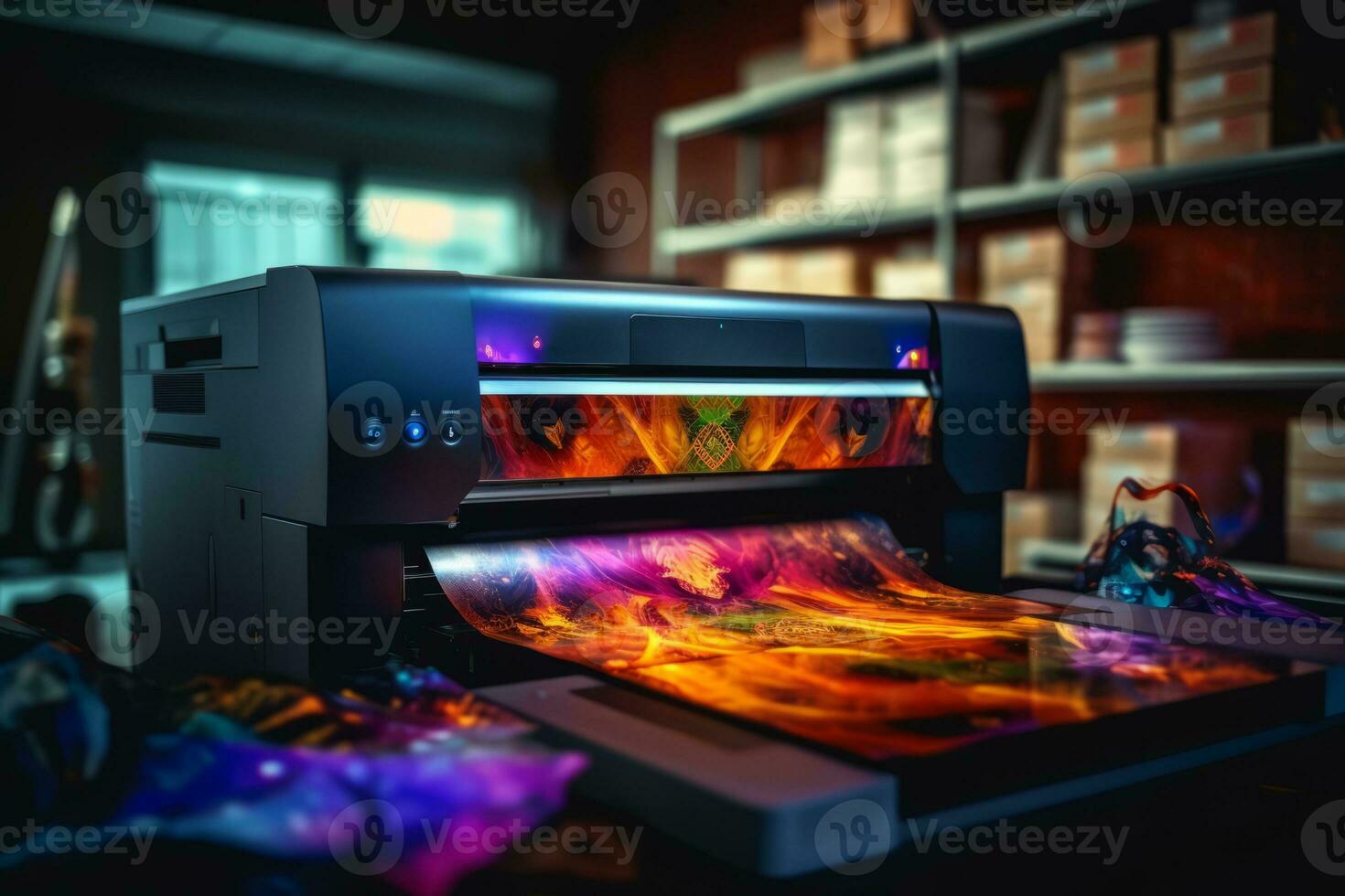 Large inkjet printer printing on a variety of materials, such as vinyl, fabric, and canvas, showcasing the versatility of these printers. Generative Ai photo