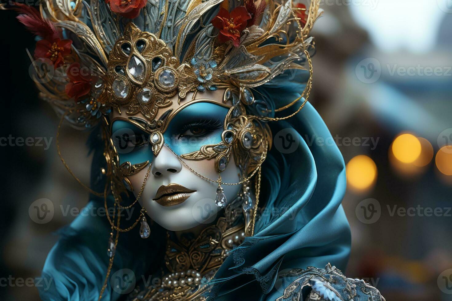 Mysterious figure wearing a Venetian Carnival Mask, evoking the allure and elegance of Venice. Generative AI photo