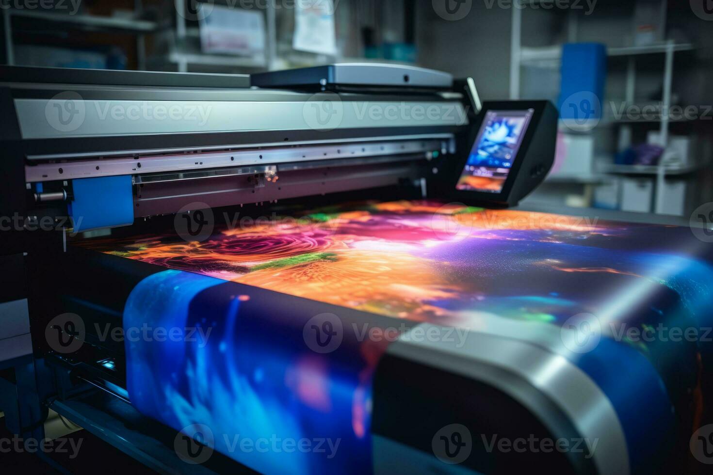 Large inkjet printer printing on a variety of materials, such as vinyl, fabric, and canvas, showcasing the versatility of these printers. Generative Ai photo